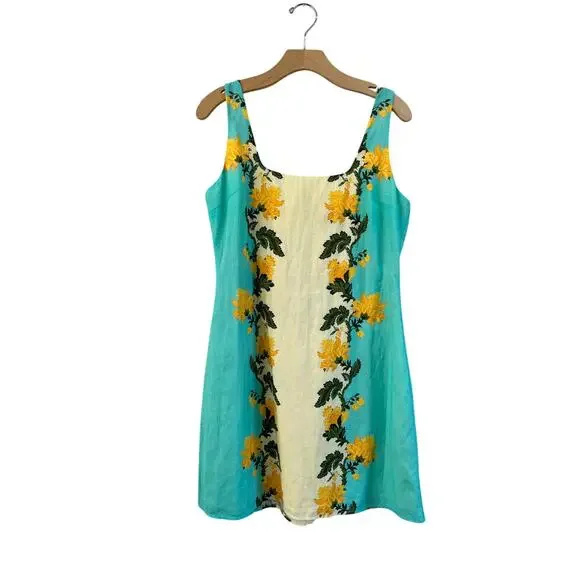 Anna Cate Zander Dress Aqua Floral Cotton Linen Mini Old Money Sleeveless Size M - Picture 2 of 11